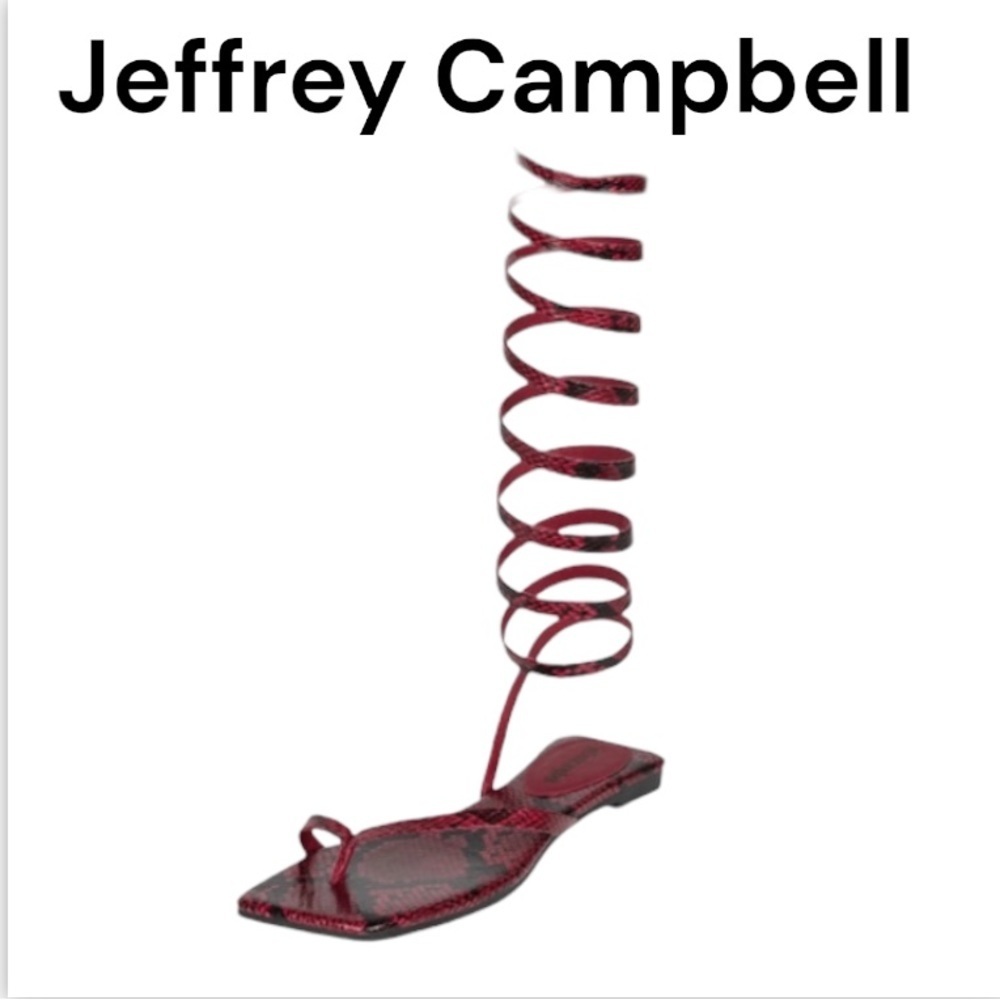 NWOT Jeffrey Campbell Slinky Red Black Snake Print Square Toe Flat Sandals Sz 8